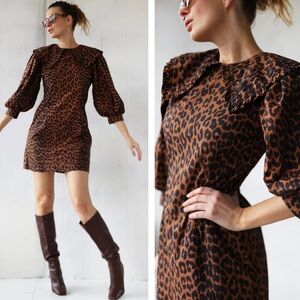 Ganni Toffee brown leopard print bib collard poplin puff sleeves